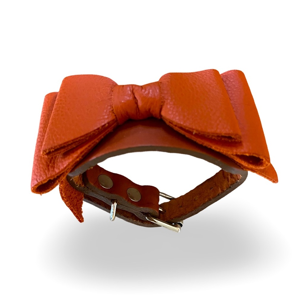 Orange Leather Bow Cuff Bracelet Size Medium to Large